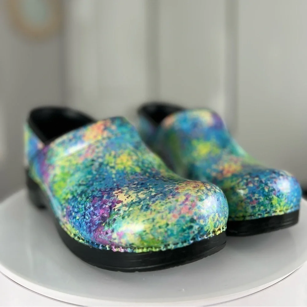 Dansko Teal Purple Pink Green Yellow Speckled Leather Clogs Size 11.5 - Picture 9 of 17